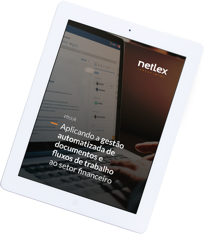 Capa do ebook "Aplicando a gestão de automatizada de documentos e fluxos de trabalho ao setor financeiro" visível em tela de iPad da cor branca.