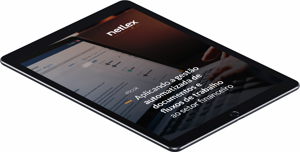Capa do ebook "Aplicando a gestão de automatizada de documentos e fluxos de trabalho ao setor financeiro" visível em tela de iPad da cor preta.